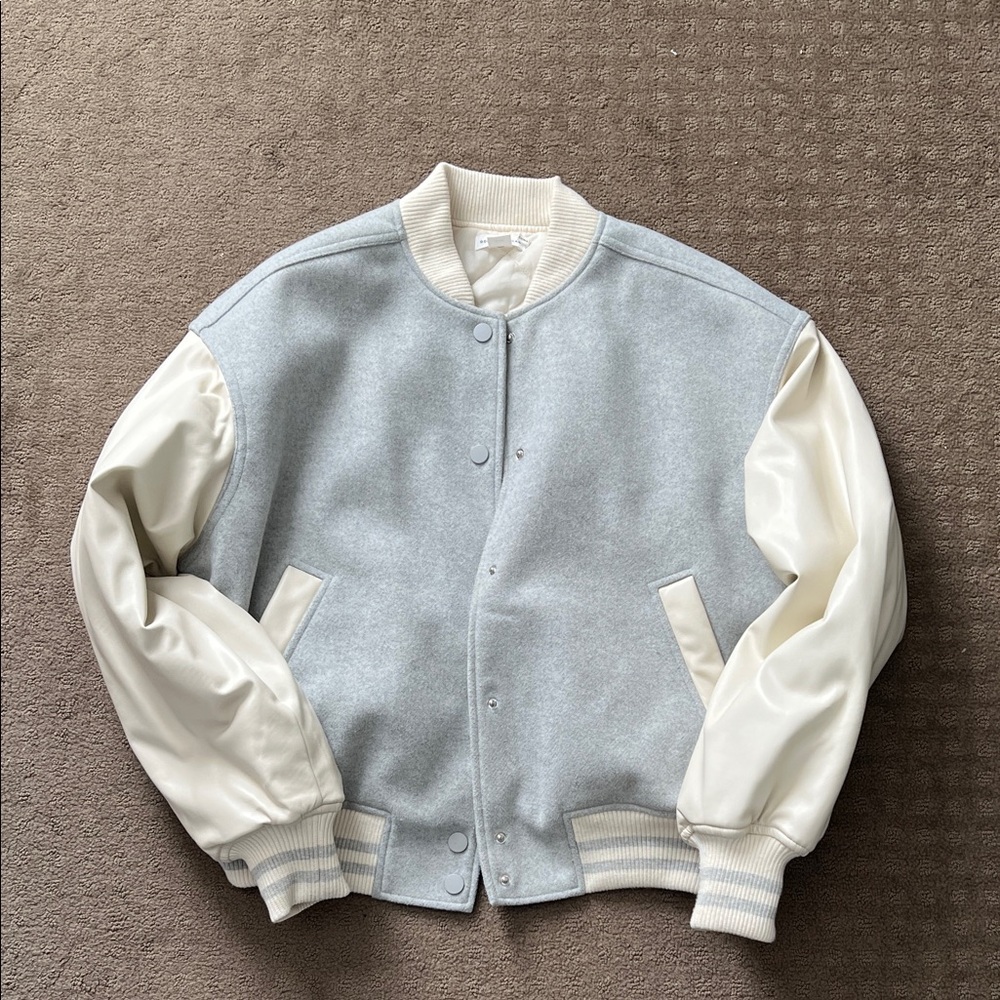 Good American Light Gray and Cream Varsity Jacket